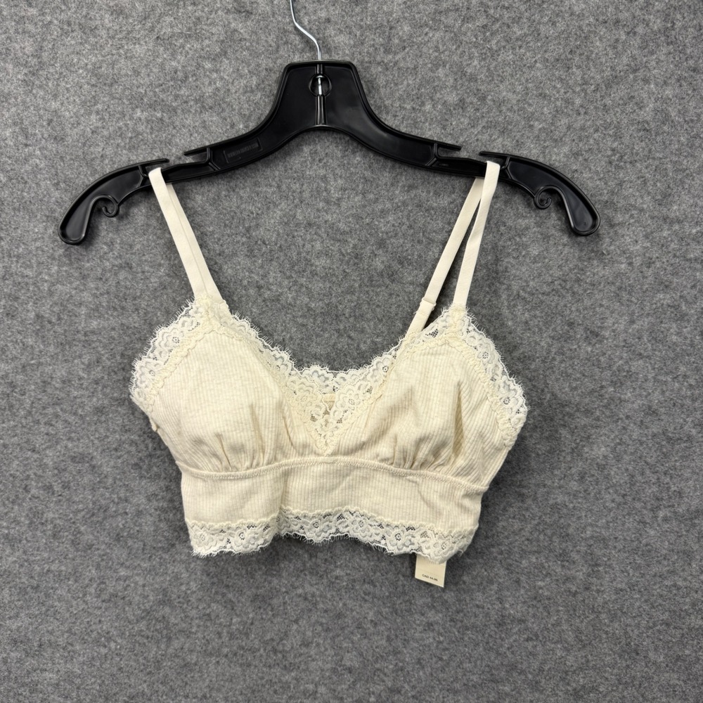 Aerie Cream Ribbed Lace Trim Bralette Adjustable Straps Wireless Small New